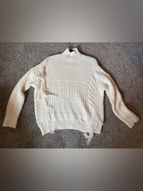 Fringe Cable-Knit Cream Turtleneck Sweater